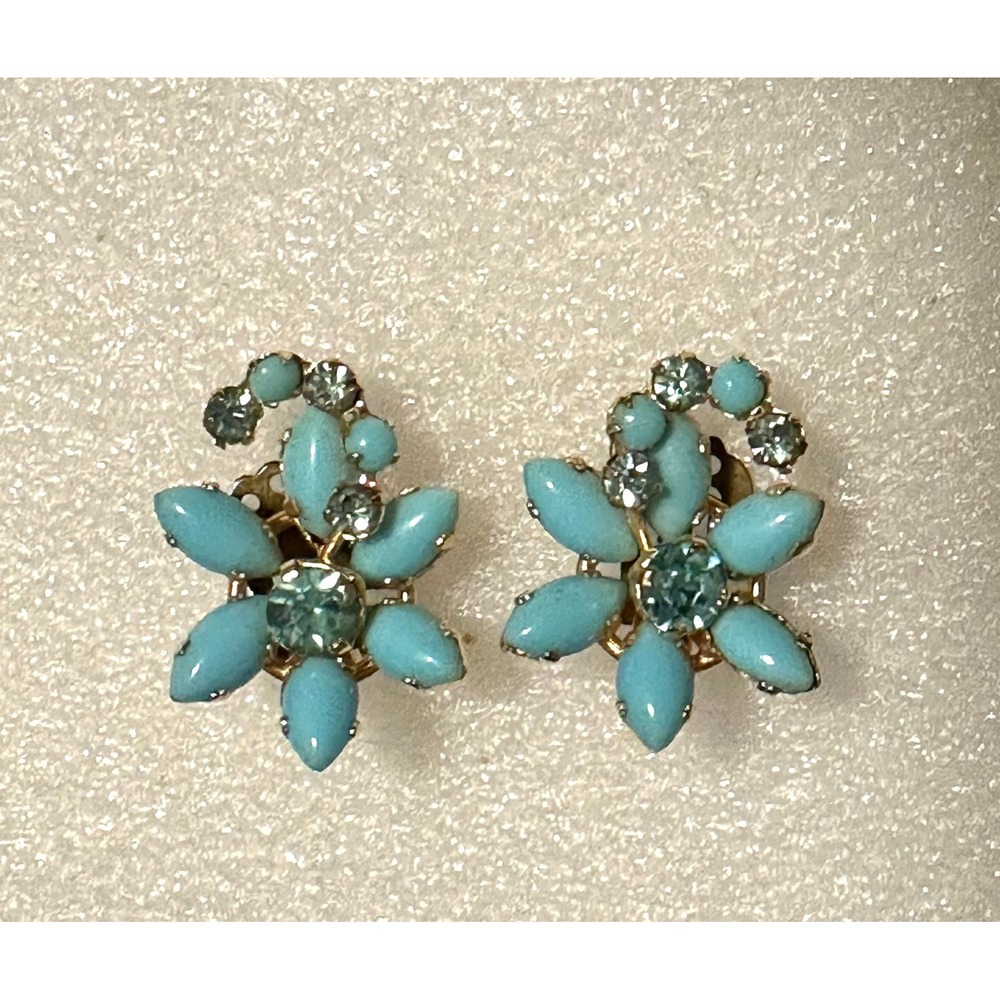 Vintage Blue Austrian Crystal Flower Earrings